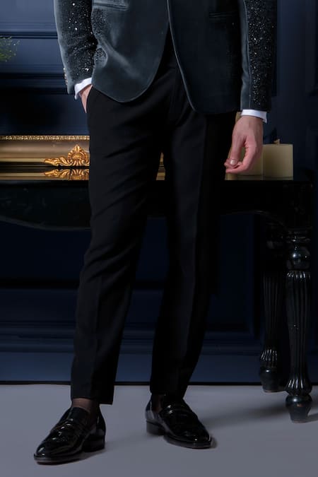 Shop_Amrit Dawani_Grey Velvet, Polyester, Cotton Sequins Radiance Detailed Tuxedo Pant Set _Online_at_Aza_Fashions