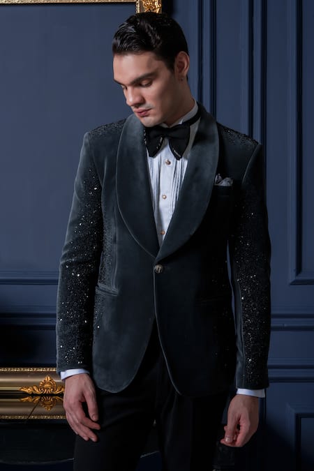 Amrit Dawani_Grey Velvet, Polyester, Cotton Sequins Radiance Detailed Tuxedo Pant Set _at_Aza_Fashions