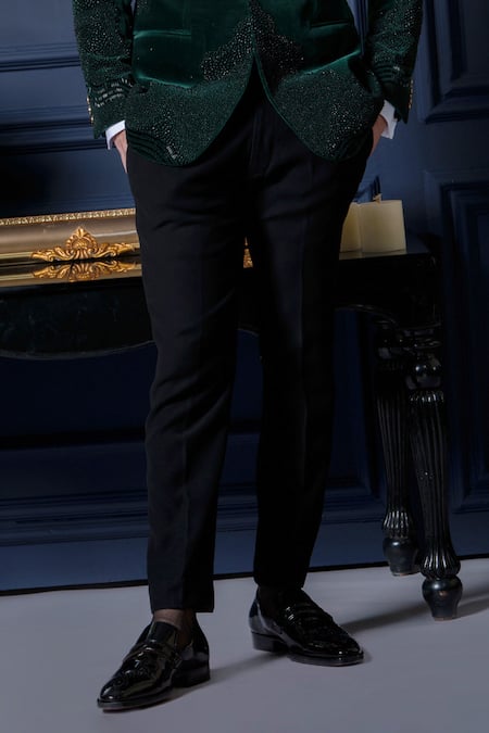 Shop_Amrit Dawani_Green Velvet, Cotton, Polyester, Organza Beads, Cut Work Detailed Tuxedo Set _Online_at_Aza_Fashions