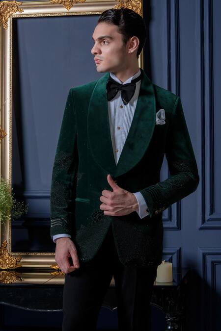Amrit Dawani_Green Velvet, Cotton, Polyester, Organza Beads, Cut Work Detailed Tuxedo Set _at_Aza_Fashions