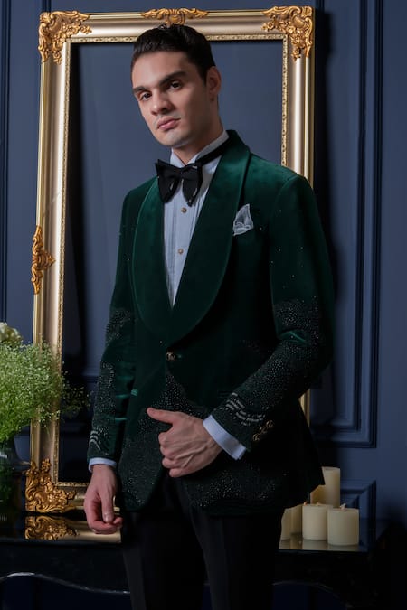 Buy_Amrit Dawani_Green Velvet, Cotton, Polyester, Organza Beads, Cut Work Detailed Tuxedo Set 