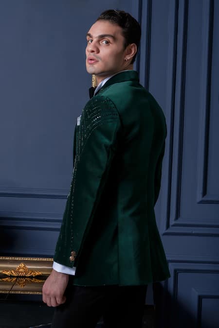 Amrit Dawani_Green Velvet, Cotton, Polyester Beads, Studs Detailed Tuxedo Pant Set _Online_at_Aza_Fashions