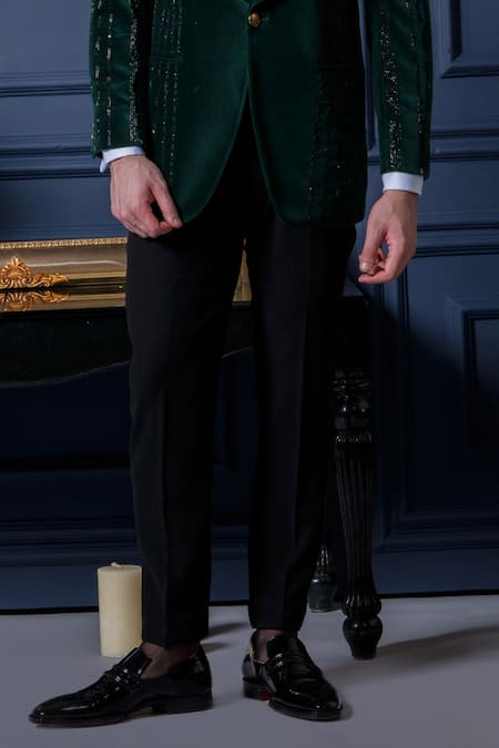 Shop_Amrit Dawani_Green Velvet, Cotton, Polyester Beads, Studs Detailed Tuxedo Pant Set _Online_at_Aza_Fashions