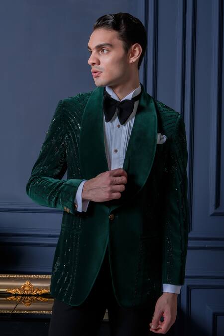 Amrit Dawani_Green Velvet, Cotton, Polyester Beads, Studs Detailed Tuxedo Pant Set _at_Aza_Fashions