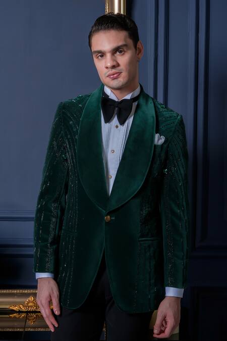 Buy_Amrit Dawani_Green Velvet, Cotton, Polyester Beads, Studs Detailed Tuxedo Pant Set 