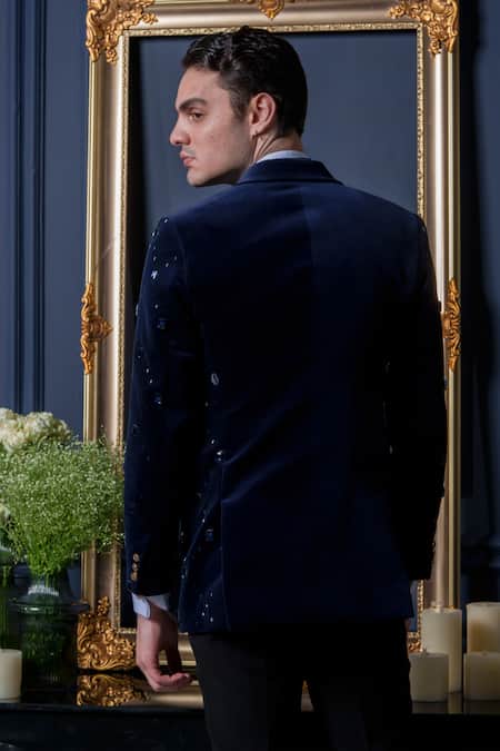 Amrit Dawani_Blue Velvet, Cotton, Polyester Stones Studded Tuxedo Pant Set _Online_at_Aza_Fashions