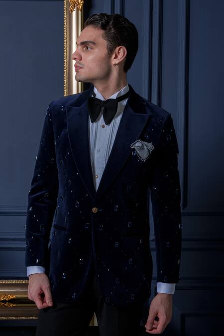 Amrit Dawani_Blue Velvet, Cotton, Polyester Stones Studded Tuxedo Pant Set _at_Aza_Fashions