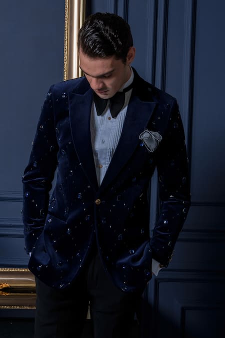 Buy_Amrit Dawani_Blue Velvet, Cotton, Polyester Stones Studded Tuxedo Pant Set 