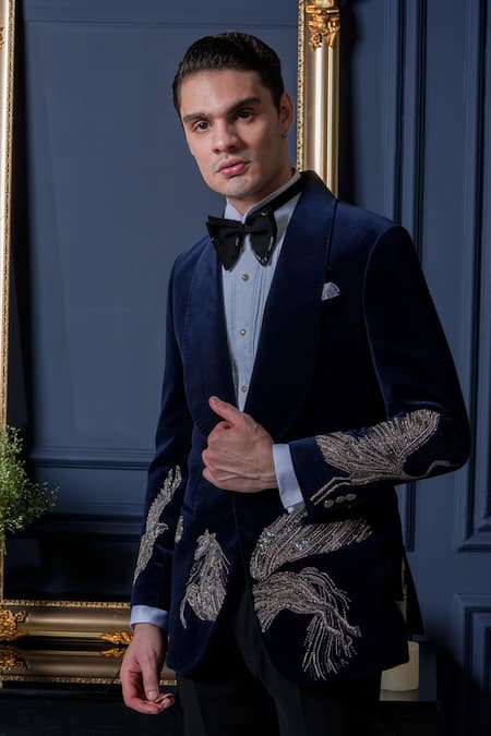 Shop_Amrit Dawani_Blue Velvet, Cotton, Polyester Beads, Majestic Unicorn Detailed Tuxedo Pant Set _Online_at_Aza_Fashions