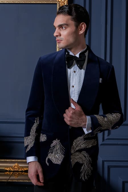 Amrit Dawani_Blue Velvet, Cotton, Polyester Beads, Majestic Unicorn Detailed Tuxedo Pant Set _at_Aza_Fashions