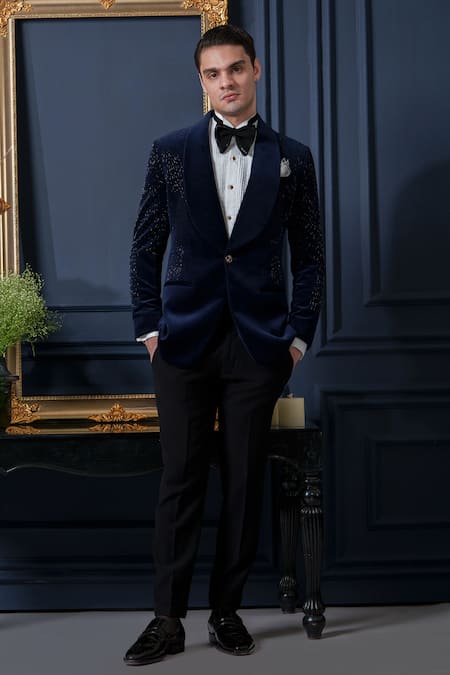 Amrit Dawani Blue Cutpipe Detailed Tuxedo Set 