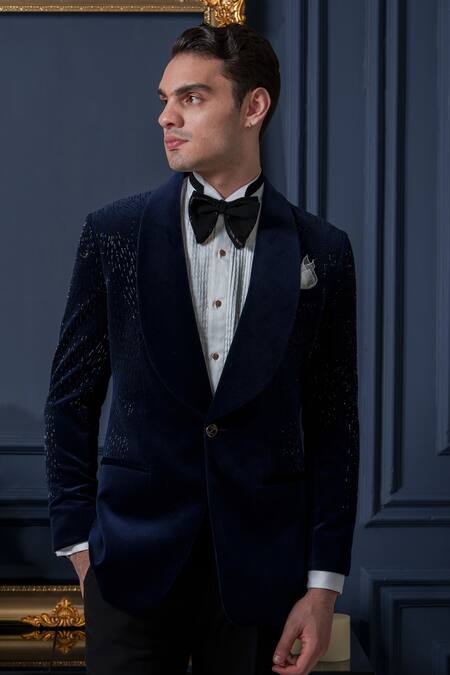 Amrit Dawani_Blue Velvet, Cotton, Polyester Cut Work, Embroidery Cutpipe Detailed Tuxedo Set _at_Aza_Fashions
