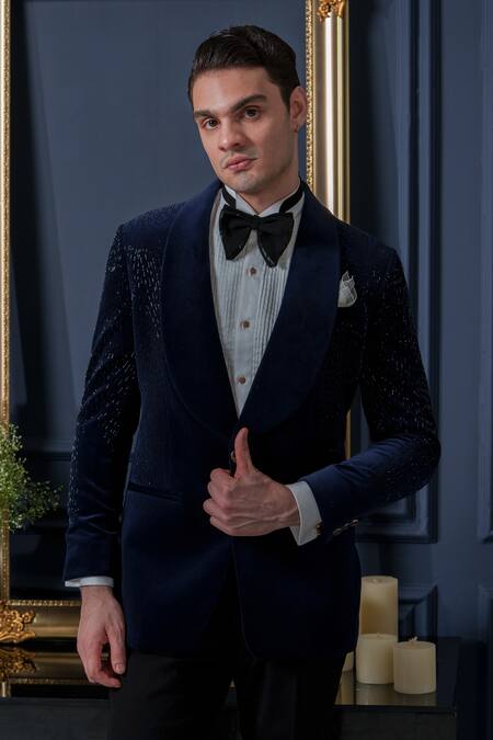 Buy_Amrit Dawani_Blue Velvet, Cotton, Polyester Cut Work, Embroidery Cutpipe Detailed Tuxedo Set 