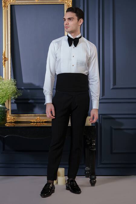 Buy_Amrit Dawani_Blue Polyester, Cotton, Organza Japanese Elegance Detailed Tuxedo Pant Set _Online_at_Aza_Fashions