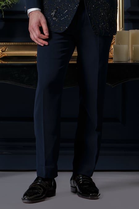 Shop_Amrit Dawani_Blue Polyester, Cotton, Organza Japanese Elegance Detailed Tuxedo Pant Set _Online_at_Aza_Fashions