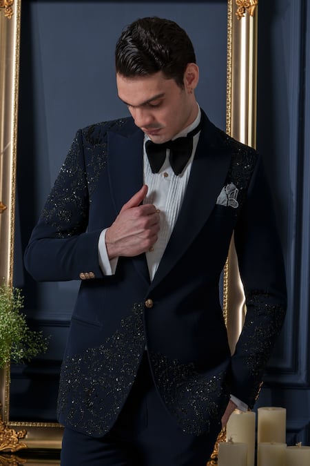 Amrit Dawani_Blue Polyester, Cotton, Organza Japanese Elegance Detailed Tuxedo Pant Set _at_Aza_Fashions