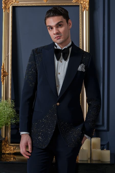 Buy_Amrit Dawani_Blue Polyester, Cotton, Organza Japanese Elegance Detailed Tuxedo Pant Set 