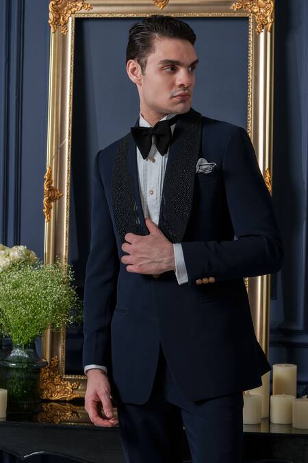 Amrit Dawani_Blue Polyester, Cotton Beads, Cut Work Japanese Elegance Tuxedo Pant Set _at_Aza_Fashions