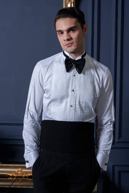 Amrit Dawani_White Cotton, Polyester Embroidery Japanese 3d Tuxedo Set _Online_at_Aza_Fashions