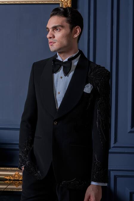 Shop_Amrit Dawani_White Cotton, Polyester Embroidery Japanese 3d Tuxedo Set _Online_at_Aza_Fashions