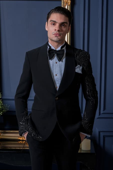 Amrit Dawani_White Cotton, Polyester Embroidery Japanese 3d Tuxedo Set _at_Aza_Fashions