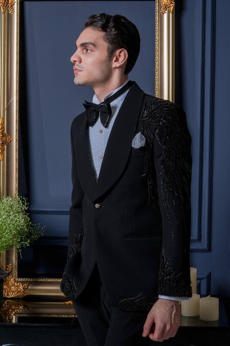 Buy_Amrit Dawani_White Cotton, Polyester Embroidery Japanese 3d Tuxedo Set 