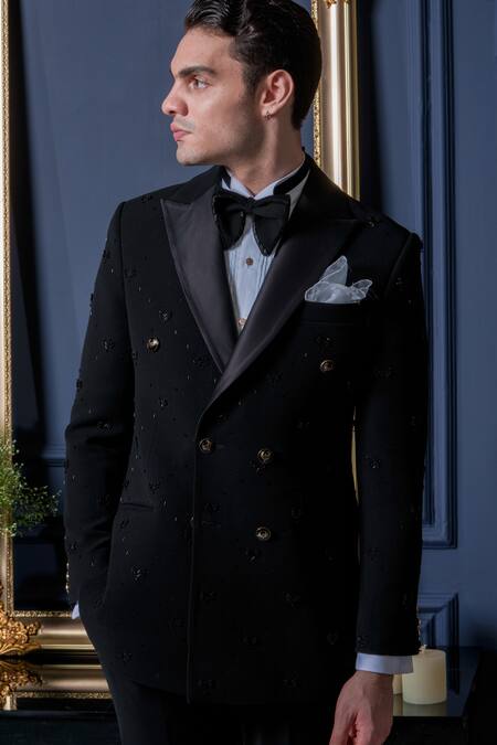Buy_Amrit Dawani_Black Polyester, Cotton Japanese Peak Notch Double Breasted Tuxedo Pant Set 