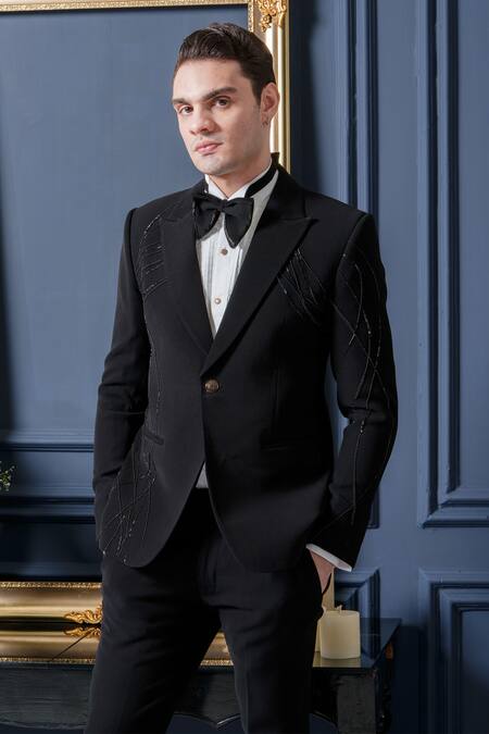 Shop_Amrit Dawani_Black Polyester, Cotton Embroidery Japanese Cutpipe Detailed Tuxedo Pant Set _Online_at_Aza_Fashions