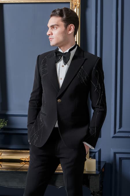 Amrit Dawani_Black Polyester, Cotton Embroidery Japanese Cutpipe Detailed Tuxedo Pant Set _at_Aza_Fashions