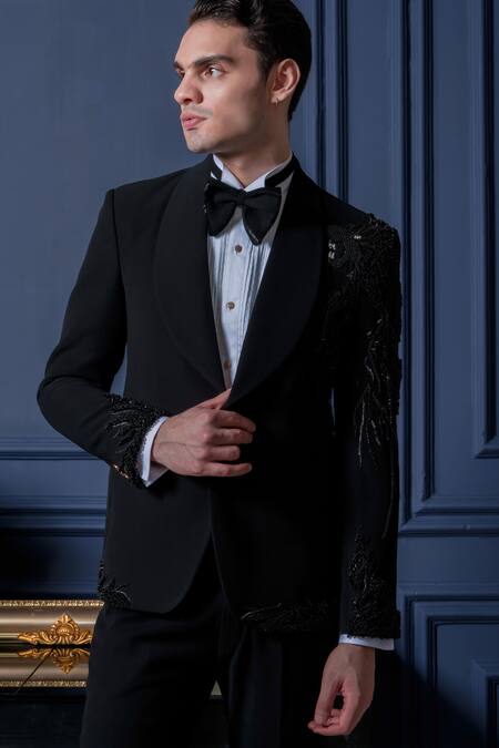 Shop_Amrit Dawani_Black Polyester, Cotton Sequins, Beads Japanese Shawl Collar Tuxedo Pant Set _Online_at_Aza_Fashions