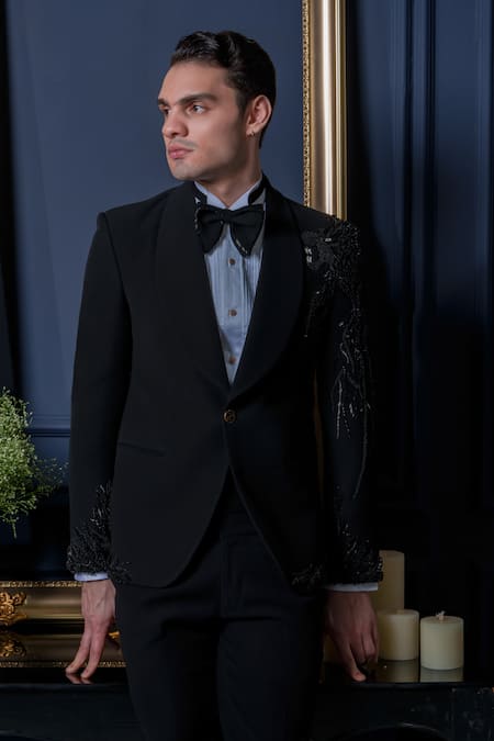 Amrit Dawani_Black Polyester, Cotton Sequins, Beads Japanese Shawl Collar Tuxedo Pant Set _at_Aza_Fashions