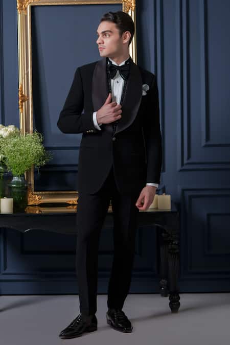 Buy_Amrit Dawani_Black Polyester, Cotton Sequins, Beads Japanese Shawl Collar Tuxedo Pant Set 