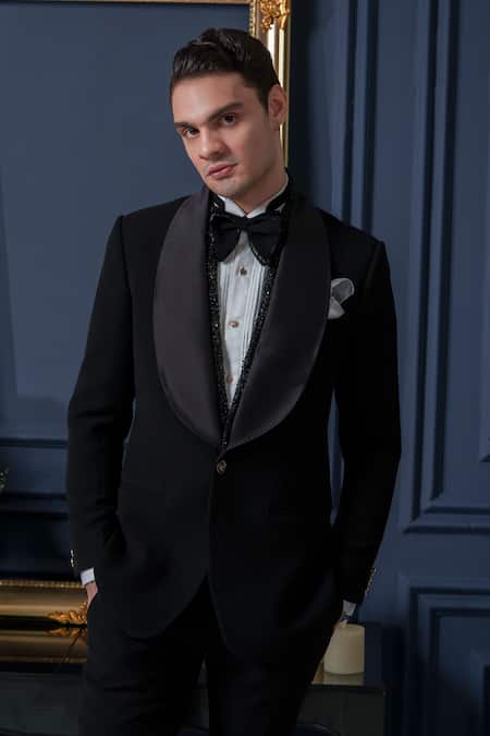 Shop_Amrit Dawani_Black Polyester, Cotton Sequins, Beads Japanese Shawl Collar Tuxedo Pant Set 