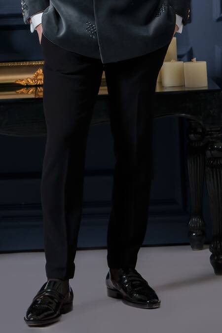 Shop_Amrit Dawani_Grey Velvet, Cotton, Polyester Embroidery, Cut Shawl Collar Tuxedo Pant Set _Online_at_Aza_Fashions