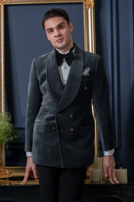 Amrit Dawani_Grey Velvet, Cotton, Polyester Embroidery, Cut Shawl Collar Tuxedo Pant Set _at_Aza_Fashions