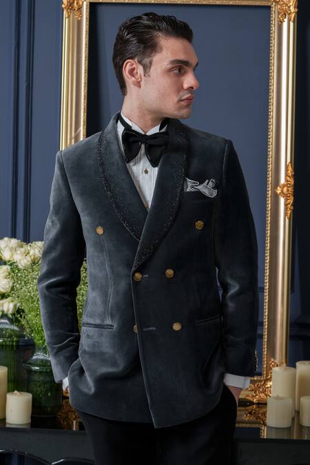 Shop_Amrit Dawani_Grey Velvet, Cotton, Polyester Embroidery Shawl Collar Tuxedo Pant Set _Online_at_Aza_Fashions