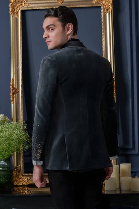 Amrit Dawani Cutpipe Embroidered Grey Tuxedo Pant Set 