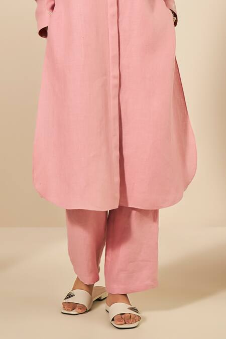 Grassroot By Anita Dongre_Pink Hemp Embroidery Quartz Straight Shirt Kurta With Pant_Online_at_Aza_Fashions