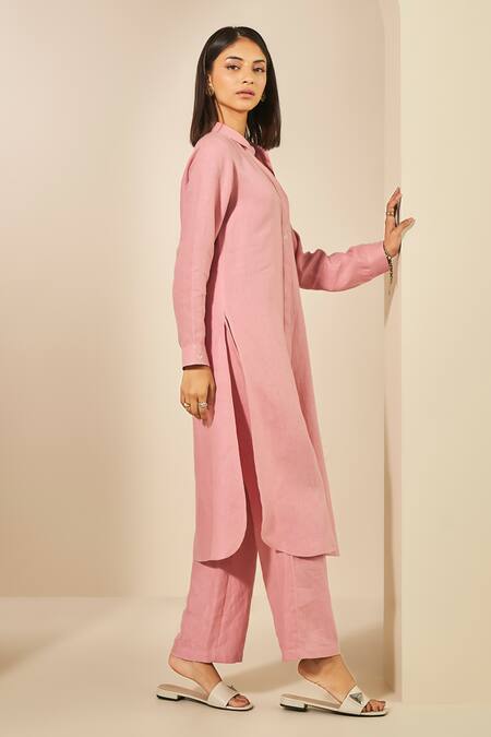 Shop_Grassroot By Anita Dongre_Pink Hemp Embroidery Quartz Straight Shirt Kurta With Pant_Online_at_Aza_Fashions