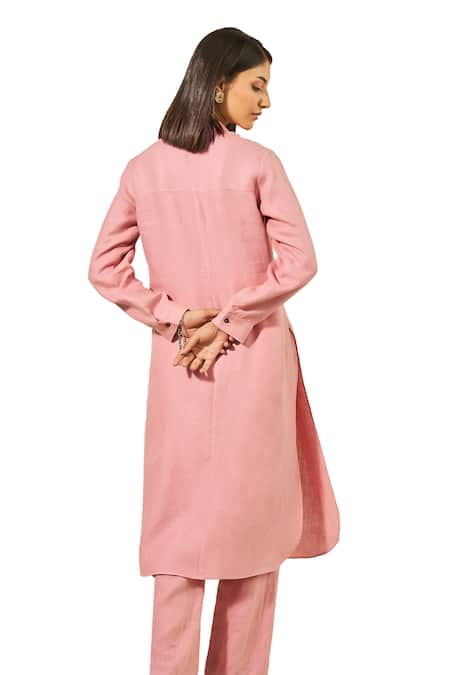Grassroot By Anita Dongre_Pink Hemp Embroidery Quartz Straight Shirt Kurta With Pant_at_Aza_Fashions