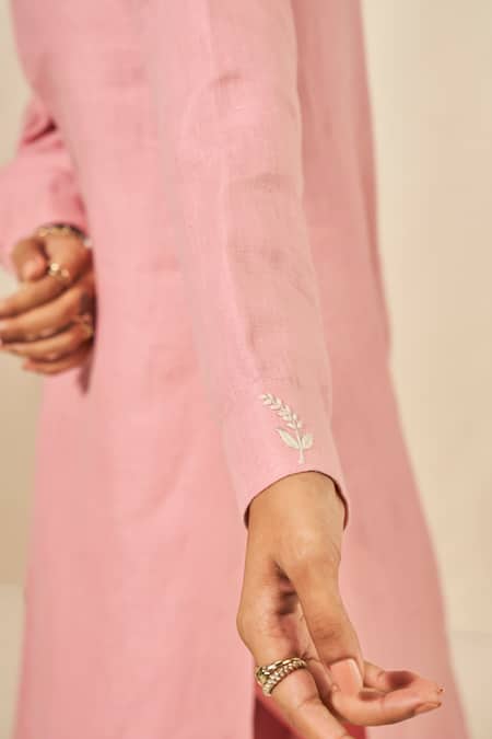 Shop_Grassroot By Anita Dongre_Pink Hemp Embroidery Quartz Straight Shirt Kurta With Pant