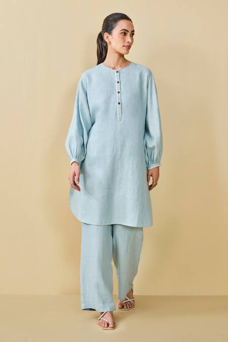 Grassroot By Anita Dongre_Blue Hemp Embroidery Round Neck Whirl Threadwork Placement Kurta With Pant_Online_at_Aza_Fashions