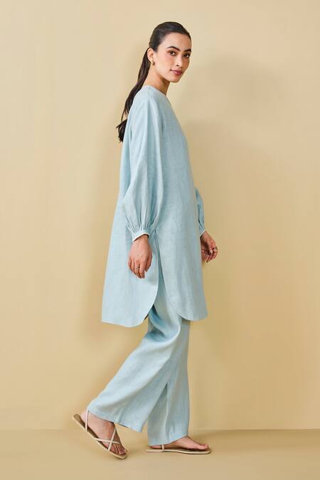 Buy_Grassroot By Anita Dongre_Blue Hemp Embroidery Round Neck Whirl Threadwork Placement Kurta With Pant_Online_at_Aza_Fashions