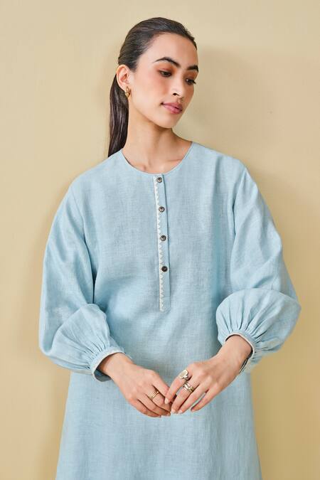 Shop_Grassroot By Anita Dongre_Blue Hemp Embroidery Round Neck Whirl Threadwork Placement Kurta With Pant_Online_at_Aza_Fashions