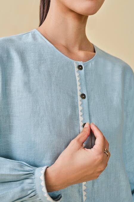 Buy_Grassroot By Anita Dongre_Blue Hemp Embroidery Round Neck Whirl Threadwork Placement Kurta With Pant