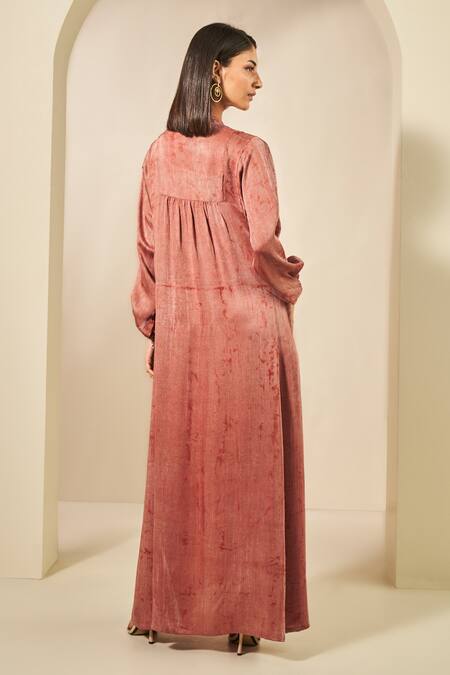 Shop Grassroot By Anita Dongre Pink Viscose, Modal Embroidery Mandarin Collar Sahla Dabu Block Print Kaftan at Aza Fashions Shop_Grassroot By Anita Dongre_Pink Viscose, Modal Embroidery Mandarin Collar Sahla Dabu Block Print Kaftan_at_Aza_Fashions