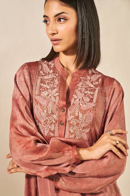 Buy Grassroot By Anita Dongre Pink Viscose, Modal Embroidery Mandarin Collar Sahla Dabu Block Print Kaftan Online at Aza Fashions Buy_Grassroot By Anita Dongre_Pink Viscose, Modal Embroidery Mandarin Collar Sahla Dabu Block Print Kaftan_Online_at_Aza_Fashions