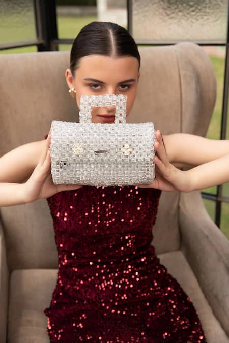 Shop Modarta Silver Crystals Embellished Clutch Bag at Aza Fashions Shop_Modarta_Silver Crystals Embellished Clutch Bag _at_Aza_Fashions
