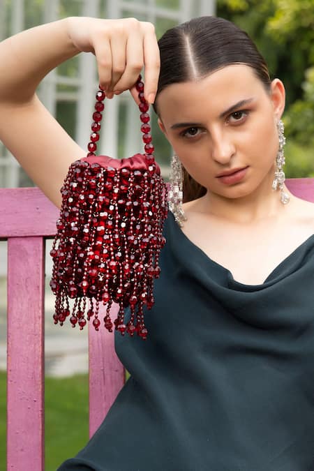 Shop Modarta Maroon Beads Embellished Wristlet Bag at Aza Fashions Shop_Modarta_Maroon Beads Embellished Wristlet Bag _at_Aza_Fashions