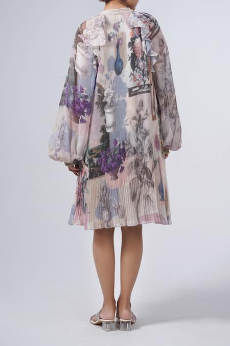 Shop Pankaj & Nidhi Multi Color Chiffon Bandeau Neck Flower Vase Print Pleated Dress at Aza Fashions Shop_Pankaj & Nidhi_Multi Color Chiffon Bandeau Neck Flower Vase Print Pleated Dress _at_Aza_Fashions